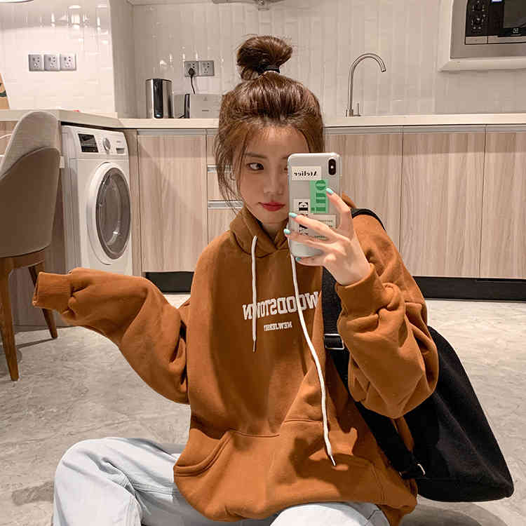 3Color autumn and winter korean style letter print thick hoodies womens large pocket warm sweatshirts and pullovers (F4136) 210423