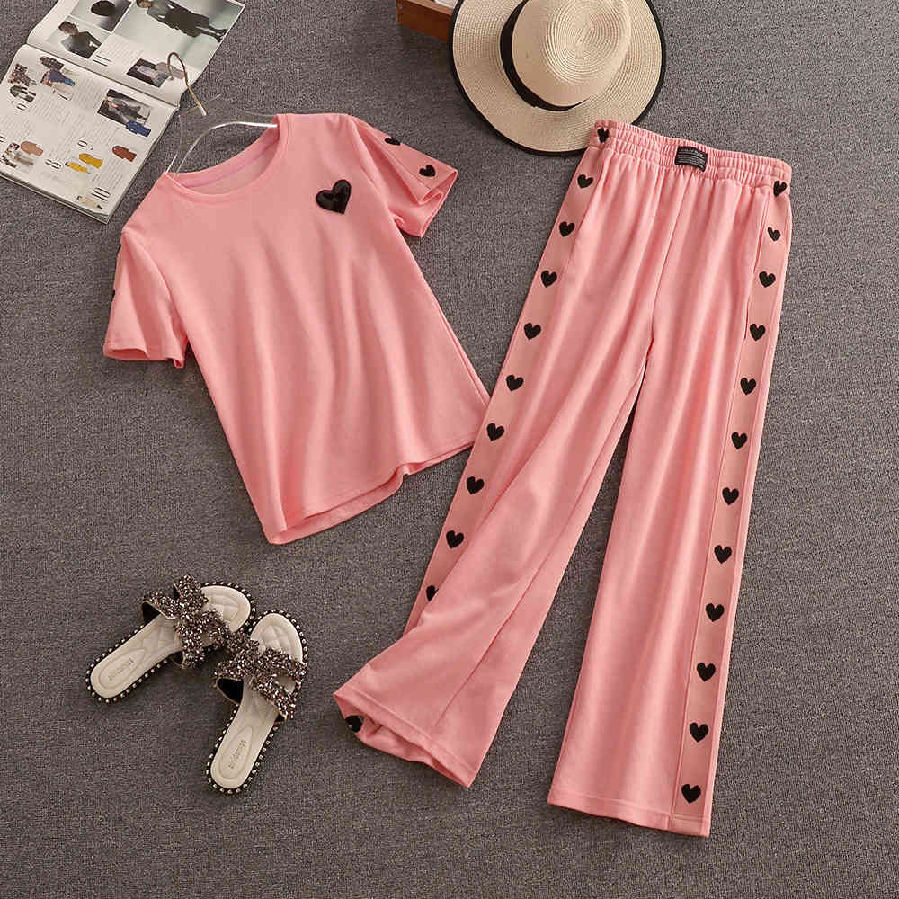 Women's Two Piece Pants Fashion Casual 2 Sets Womens Outfits Short Sleeve T-shirt Tee Tops + Wide Leg Pant Suits 2021 Summer Set 1