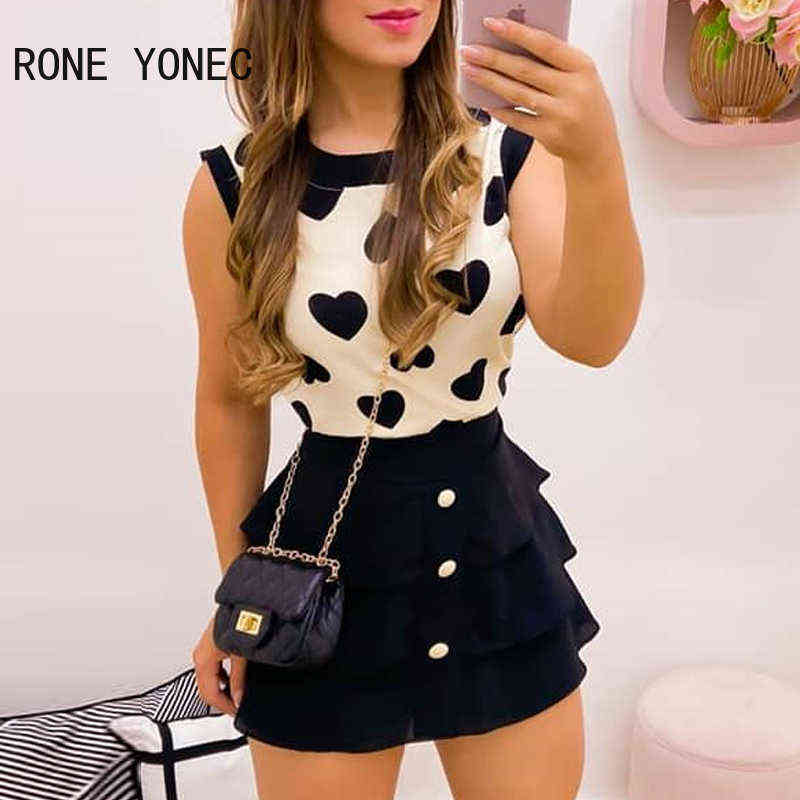 Women Print Heart Round Neck Top & Skirt Set Sweet Suit 211105