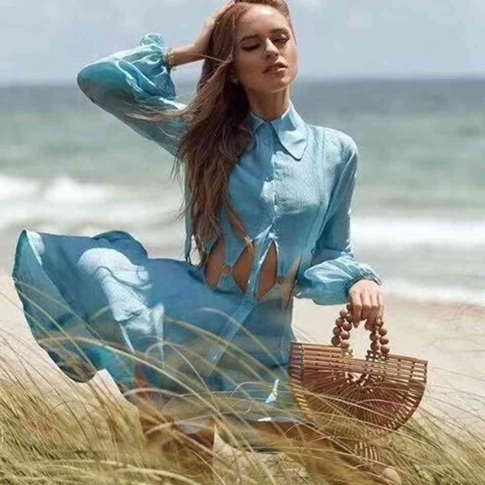 Free Fashion Shirt Dress Women's Blue Lapel Lantern Sleeve Sexy Hollow A Line Club Party Vestidos 210524
