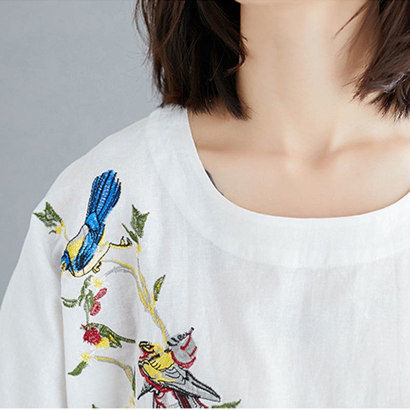 Summer Women Tshirt Plus Size Lantern Sleeve Loose Tee Shirt Femme cotton linen flower bird Embroidery Vintage Tops HXJ06 210512
