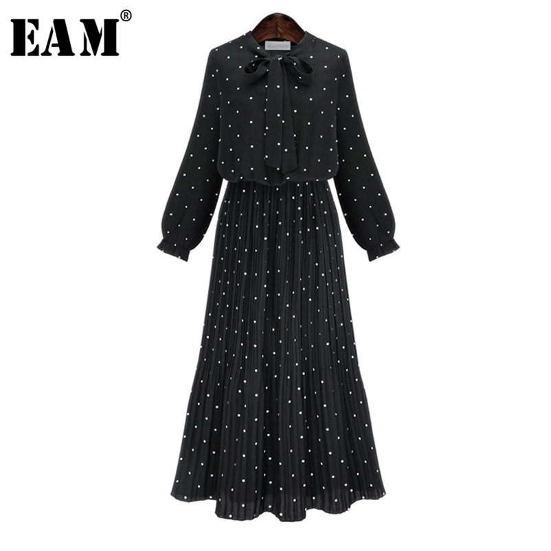 [EAM] New Spring Round Neck Long Sleeve Solid Black Chiffon Dot Loose Big Size Dress Women Fashion Tide JA23601M 210409