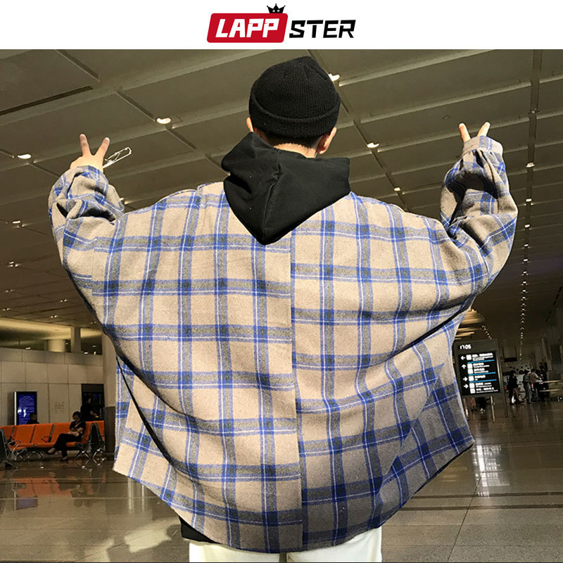 LAPPSTER Men Harajuku Color Block Plaid Shirt Mens Streetwear Thick Shirts Long Sleeve Male Vintage Korean Fashions Clothes 210410