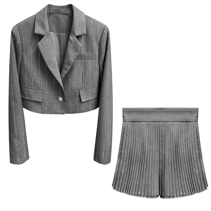 [DEAT] Single Button Gray Striped Top Hot Drilling Shorts Suit High Waist Pleated Trouser Skirt Y2k Clothes Spring GX327 210428
