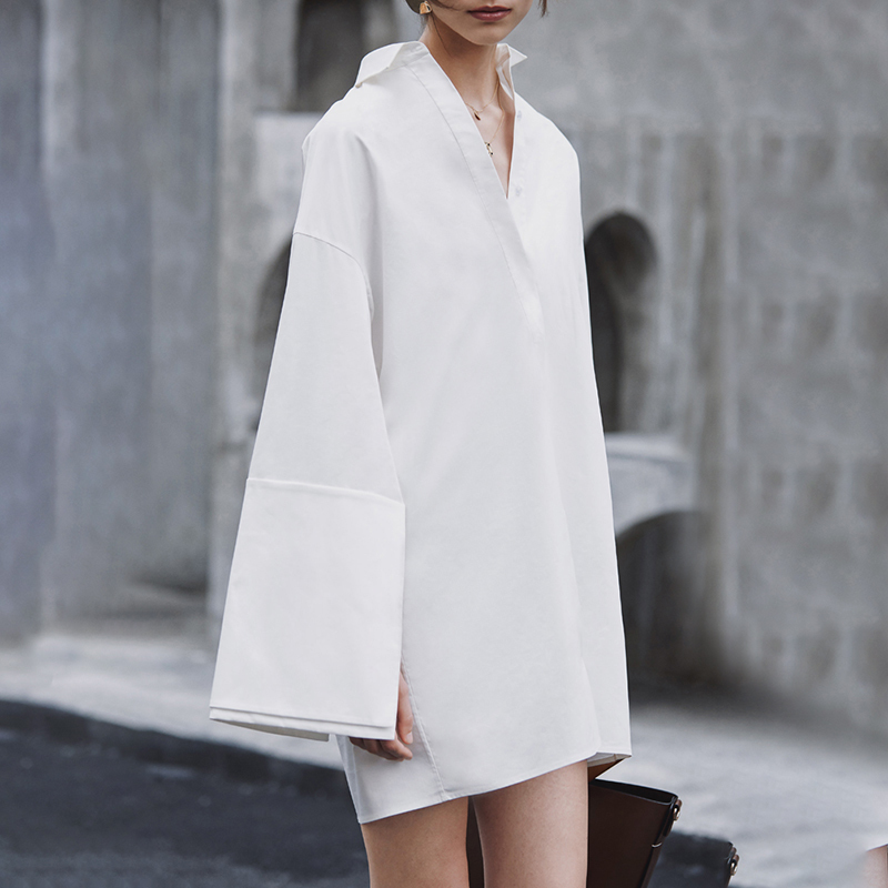 Free Autumn Women White Long Shirt Dress Sexy Lapel Sleeve Single Breasted Party Mini Vestidos 210524