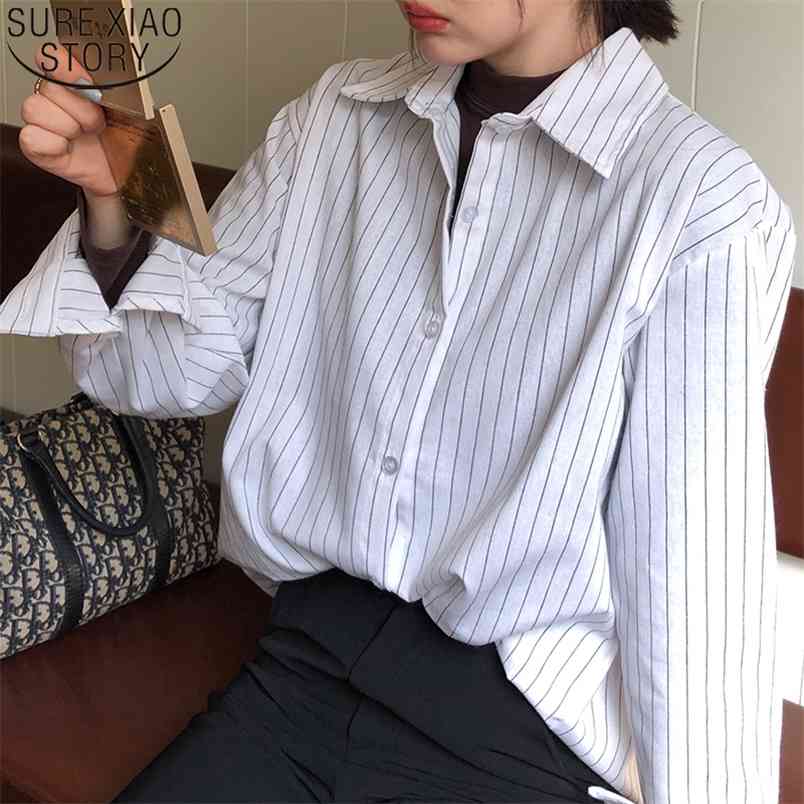 Casual Loose Shirts Spring Autumn Women Striped Shirt Vintage Long Sleeve Blouse Plus Size Fashion Female Tops 11097 210506
