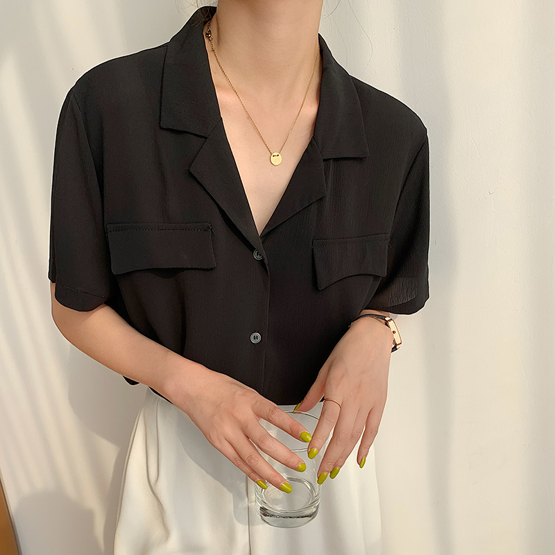 Summer Korean Vintage Women Shirt Tops Notched Collar Single Breasted Pockets Female Blouses Blusas Mujer 210514