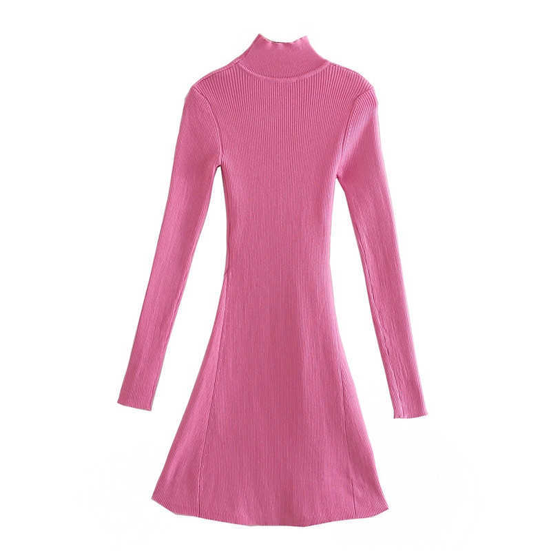 Za Pink Knit Dress Women Elegant Turtleneck Long Sleeve Mini Spring Dresses Woman Fashion Front Slit Vintage Sweater Dress 210602
