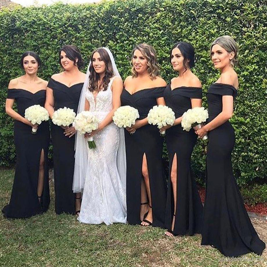 2021 Black Mermaid Bridesmaid Dresses Off Shoulder Side Split Sweep Train Pleats Garden Country Wedding Guest Evening Gowns Maid of Honor Dress Gown 0