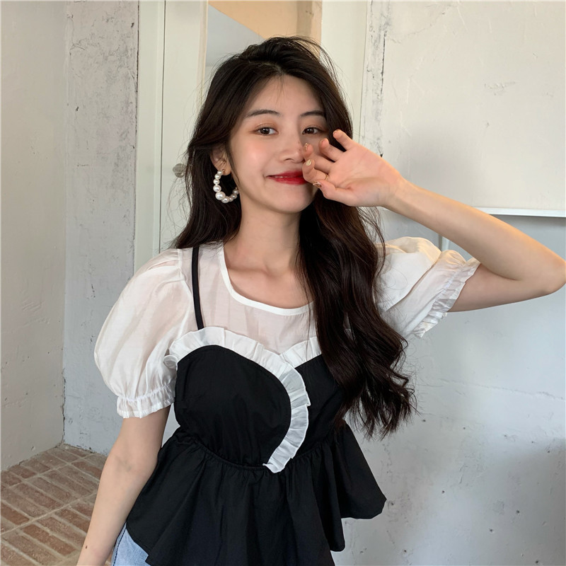 Nomikuma Korean Hit Color Patchwork Women Blouse Tops Ruffle Sweet Puff Sleeve O-neck Blusas Femme Slim Waist Short Shirt 6G319 210427