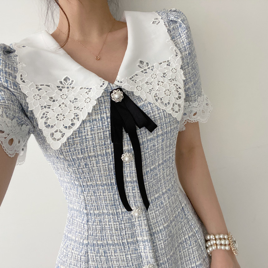 Retro Fashion Summer Women Sweet Bowknot Puff Sleeve Vestidos Elegant Tweed Plaid Chic Mini Dress 210519