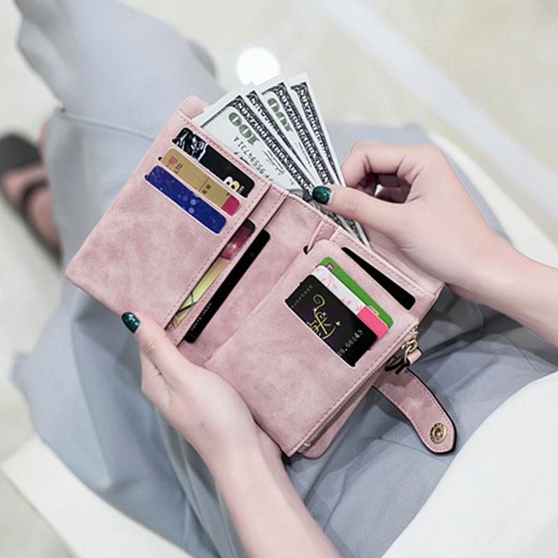 Wallets Tri-fold Short Women With Coin Zipper Pocket Minimalist Frosted Soft Leather Ladies Purses Female Pink Small Wallet 2021
