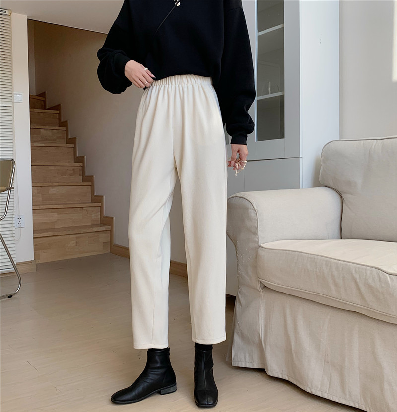 OL Retro Elastic High Waist Straight Harem Woolen Pants Women Autumn Winter Casual Warm Loose Grandma Trousers 210421