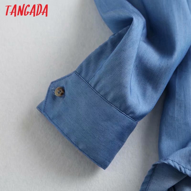 Women Elegant Blue Thin Denim Long Sleeve Chic Female Casual Loose Shirt Tops 4C68 210416