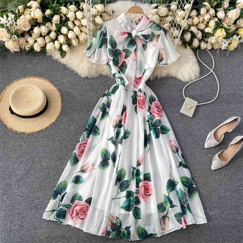 Fashion Elegant A-line Dress Women Bow Neck Print Sweet Lace Up Holiday Vintage Clothes Vestidos De Mujer Q638 210527