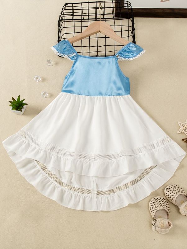 Toddler Girls Two Tone Guipure Lace Insert Ruffle High Low Hem Dress SHE