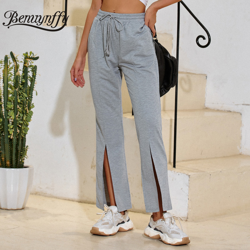 Solid High Waist Casual Slit Pants Women Summer Fashion Pocket Drawstring Sweatpants Sportwear 210510