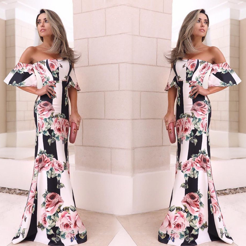 Women Dress Slash Neck Off Shoulder Vintgae Flower Girl es Plus Size Long Sexy Girls Summer 210513