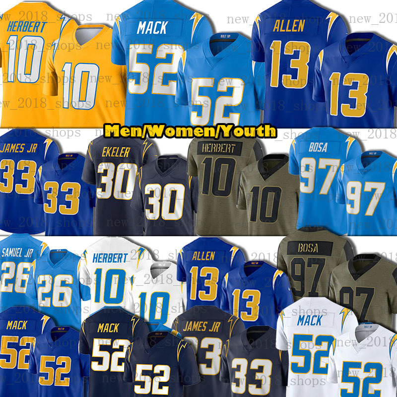 10 Justin Herbert 13 Keenan Allen Football Los Angeles''Chargers''Jersey Austin Ekeler 97 Joey Bosa 52 Khalil Mack J.C. Jackson Asante Samuel Jr Kenneth Murray Jr, Custom men jersey(s d)