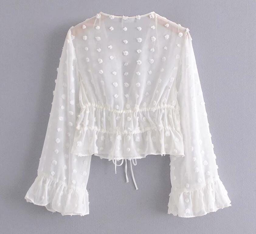 Vintage Tie Bow Lacing up Adjust Bandage 3D Dot Voile Cardigan Blouse White Women Flare Sleeve Holiday Crop Shirt Tops 210429