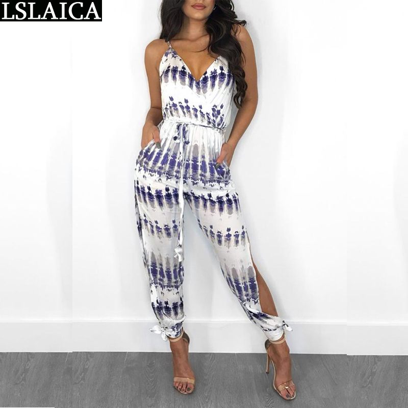 Bodysuit women spaghetti strap slim Tie-dye sleeveless bandage jumpsuit sexy elegant female clubtwear summer 210520