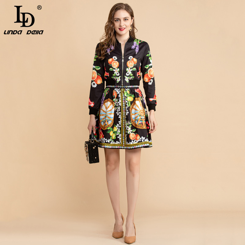 Summer Fashion Skirt Suit Women Elegant Black Jackets and Lemon Flower Print Vintage Mini Skirts 2 Piece Set 210522