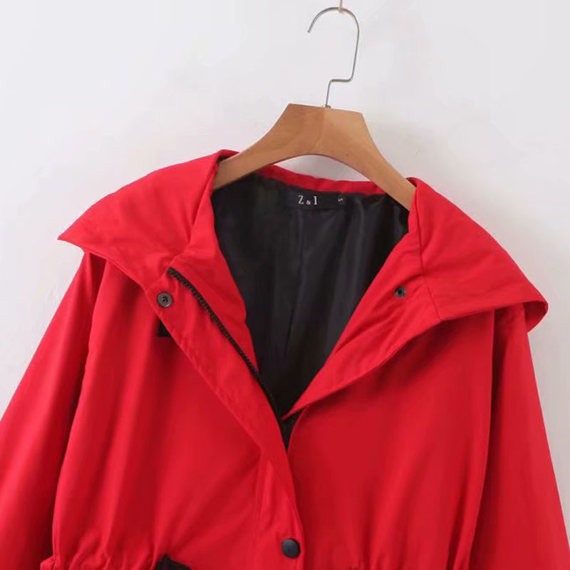 Hooded Lapel Loose Long-sleeved Drawstring Waist Red Chic Women's Jacket Windproof Simple Candy-colored Female Coat Tops 210507