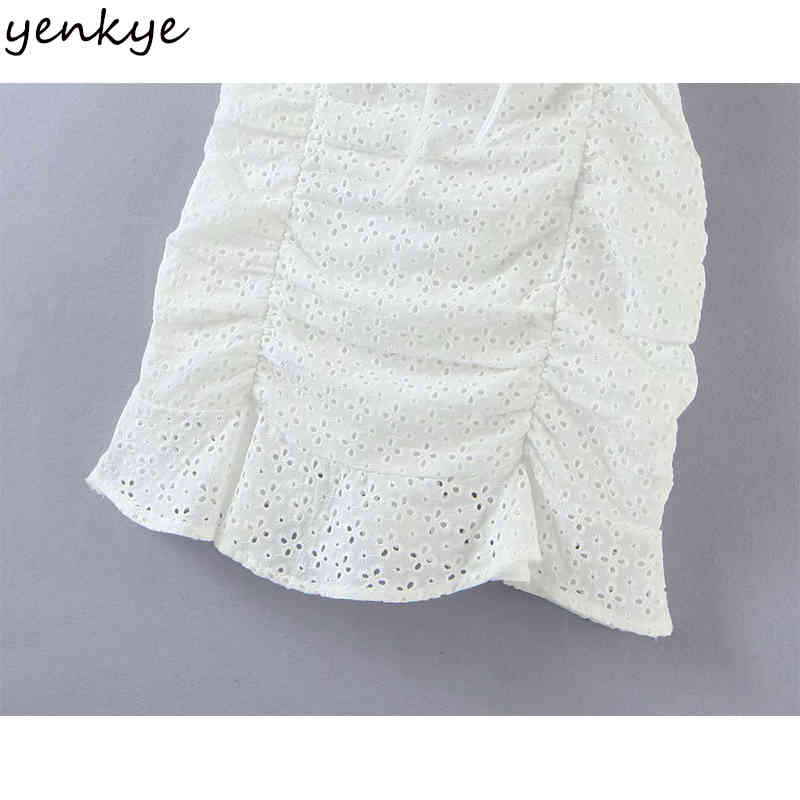 YENKYE Fashion Women White Draped Sexy Lace Dress Female Square Neck Short Sleeve Bodycon Mini Dress Summer Party Vestido 210515