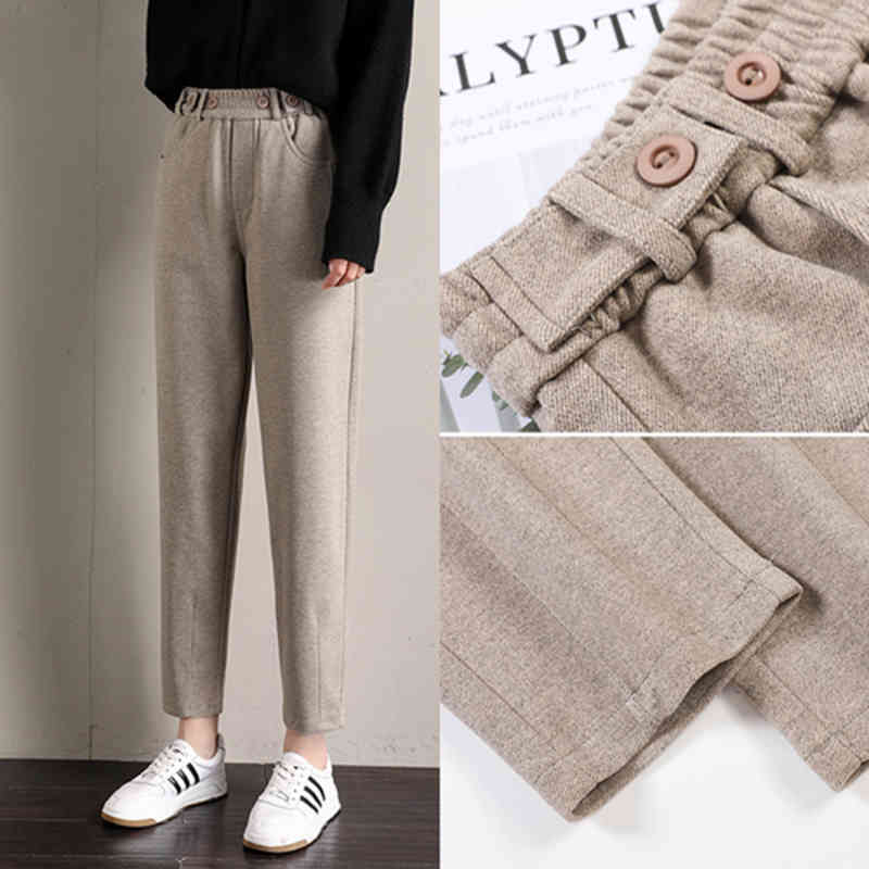 Arrival Autumn Winter Women Elastic Waist Loose Woolen Pants all-matched Casual Harem Female Trousers S314 210512