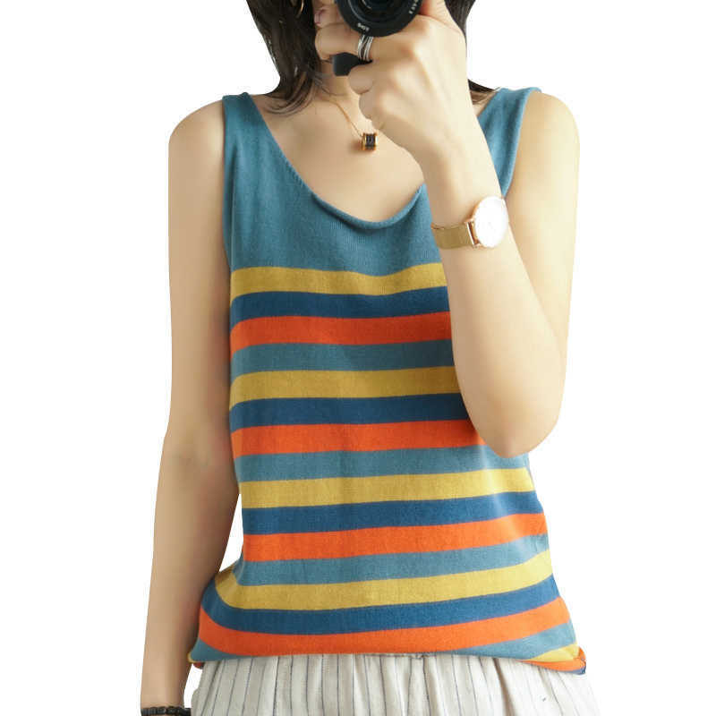 100% Cotton T-Shirt Base Wild Short Paragraph Loose Striped Sweater Vest Female Summer Outerwear Women's Pullover Sweater 210625