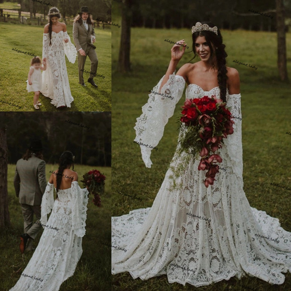 Nude Lining bohemian Wedding Dresses Cotton crochet Lace Unique Classical long sleeve country Bridal Gowns Rude Soriee Noivas