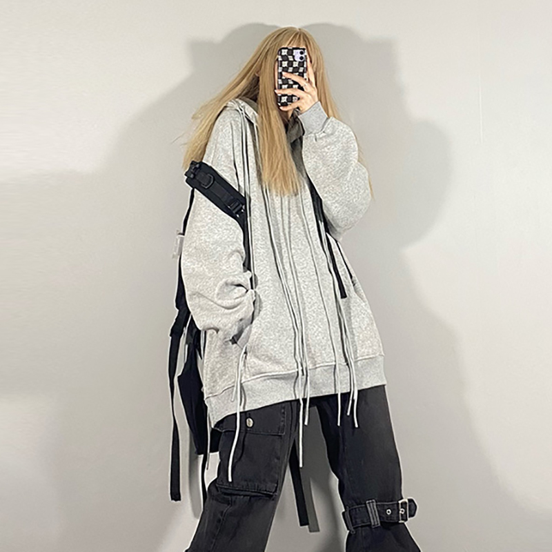 Pigtail Hooded Coat Women's Spring Plush Large Size Long Sleeve Zipper Streetwear Hip Hop Sweatshirt 5B348 210427