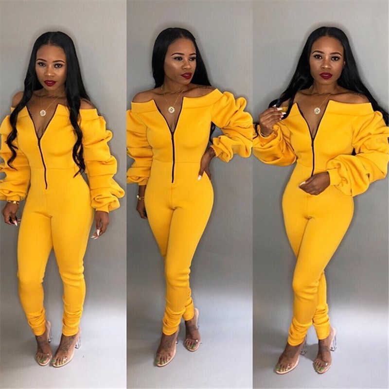 Ladies Casual Slash Neck Front Zipper Jumpsuit Stacked Long Sleeve Slim Bodysuit Women Kombinezon Damski Elegancki 210604