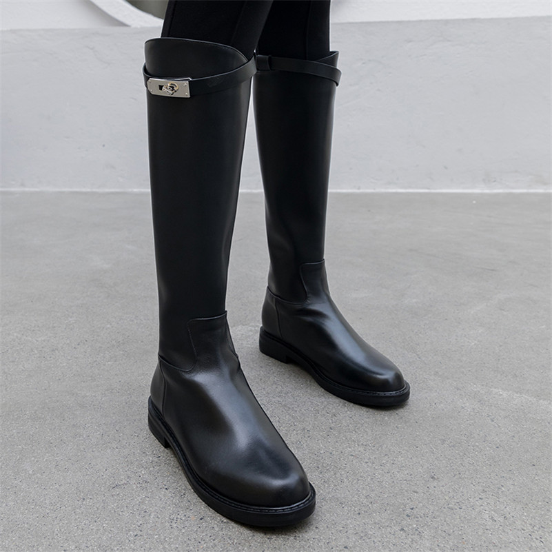Autumn Riding Boots Women Natural Genuine Leather Flat Knee High Zipper Round Toe Tall Shoes Ladies Winter Size 42 210517