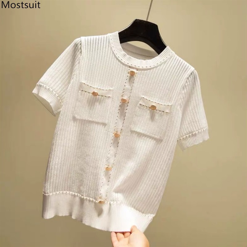 Summer Elegant Tops Women Vintage Thin Knitted T-shirt Korean Style Short Sleeve O-neck Tshirt Tees Shirt Femme 210514
