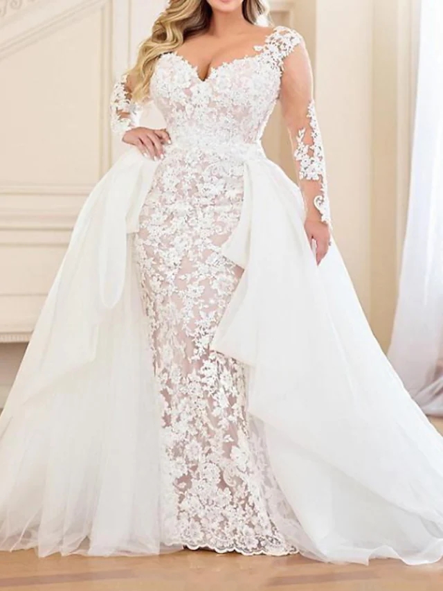 Mermaid Wedding Dresses V Neck Bridal Gown Sweep Train Lace Organza Long Sleeve Country Plus Size Ruffles Vestidos De Novia Custom Made 2022 robe de m