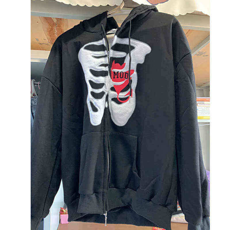 Stylish Bone Pattern Zipper Up Hoodies Streetwear Oversized Hooded Sweatshirt Women Long Sleeve Casual Harajuku Graphic Outwear 211108