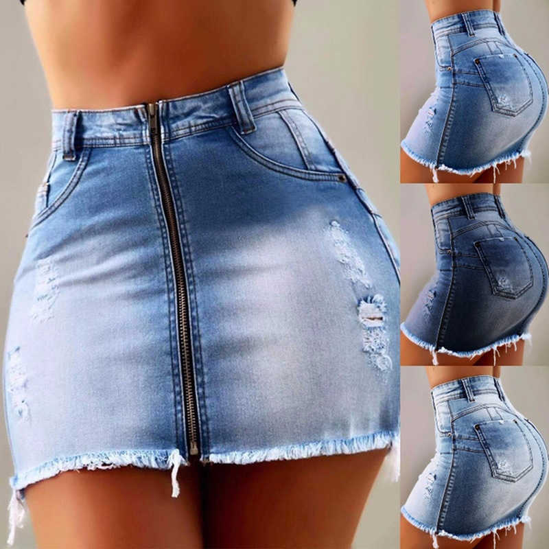 Denim Skirt Women Fashion High Waist Zipper Mini Hip Jean s summer ripped washed Short ladies shorts skirts 210619