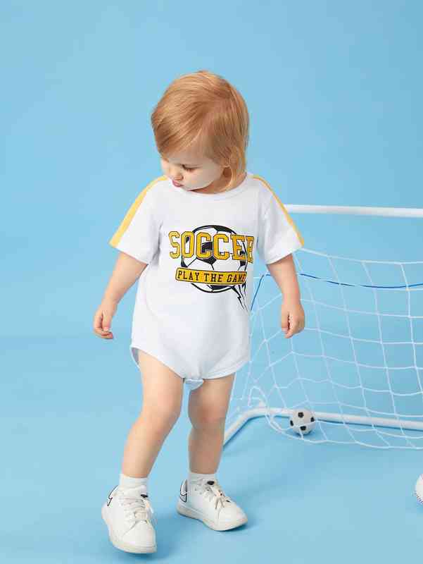 Baby Slogan & Soccer Print Contrast Side Seam Bodysuit SHE