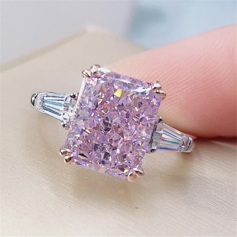 Choucong Ins Top Sell Wedding Ring Handmade Jewelry Solitaire Princess Cut Pink Topaz Dia Eternity Statement Women Engagement Band Rings For Lover Gif