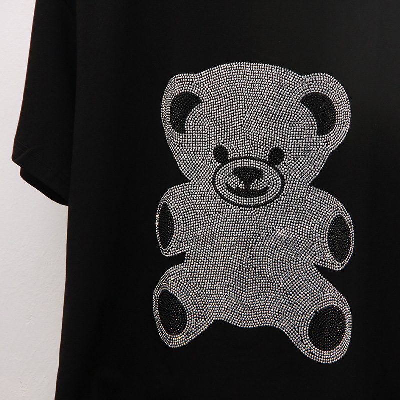 Summer Korean of the Shortsleeved tshirt female loose fashion with diamonds cotton black Plus Size women tops 210406