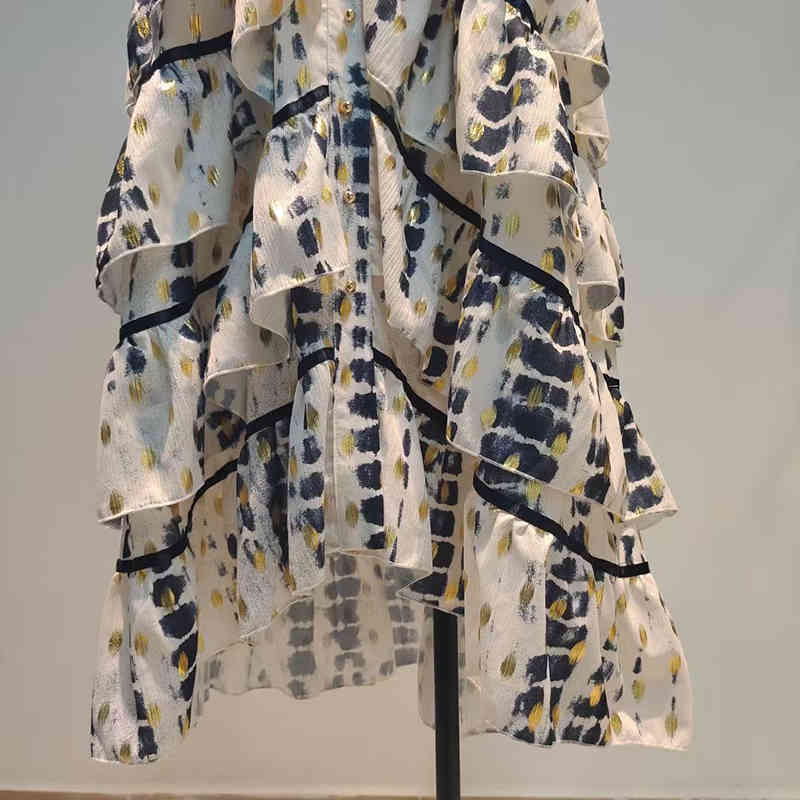 VGH Print Vintage Dress For Women V Neck Sleeveless High Waist Patchwork Ruffle Lace Up Dresses Female Fashion Clothing 210421