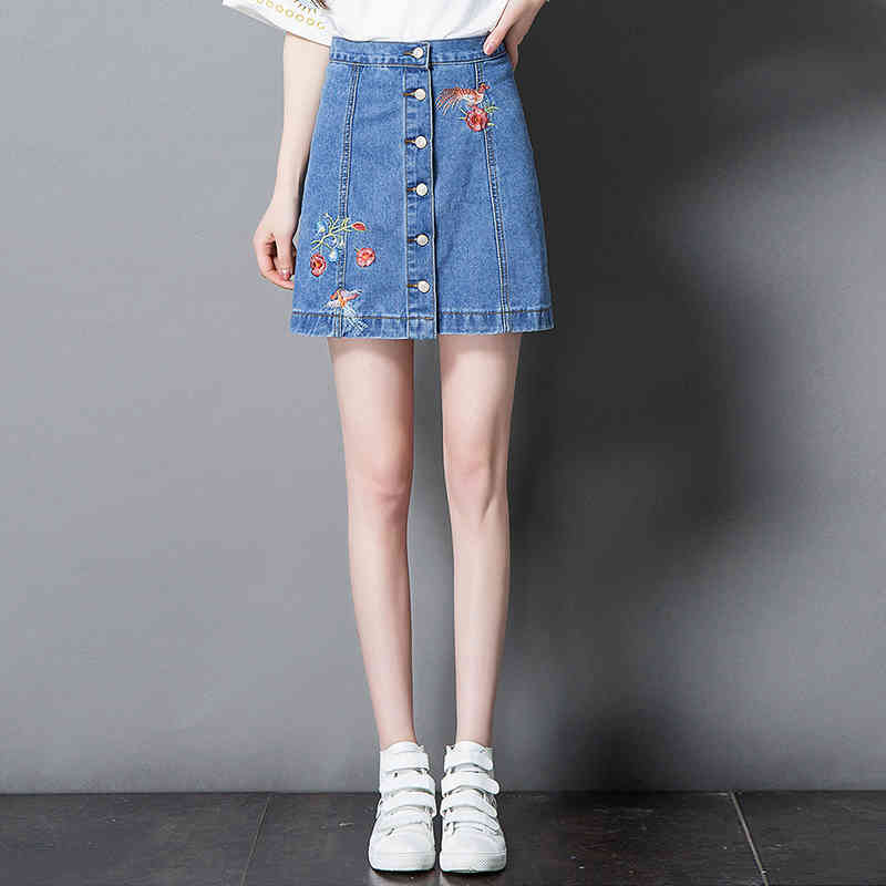 High Waisted Embroidered Denim Skirt for Women Button Straight Office Lady Elegant Knee Length Harajuku s 210428