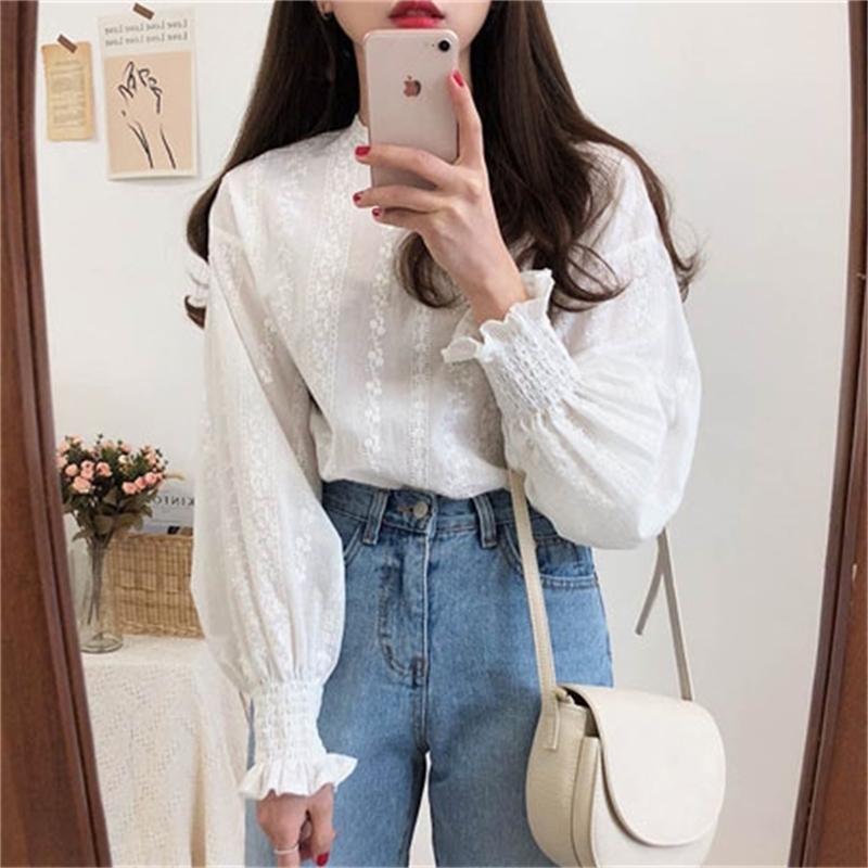 Autumn Embroidery Lace Shirt Women Sweet Long Sleeve Ruffle Top Korean White Blouse Ladies Loose Mujer Femme 210525
Autumn Embroidery Lace Shirt Women Sweet Long Sleeve Ruffle Top Korean White Blouse Ladies Loose Mujer Femme 210525