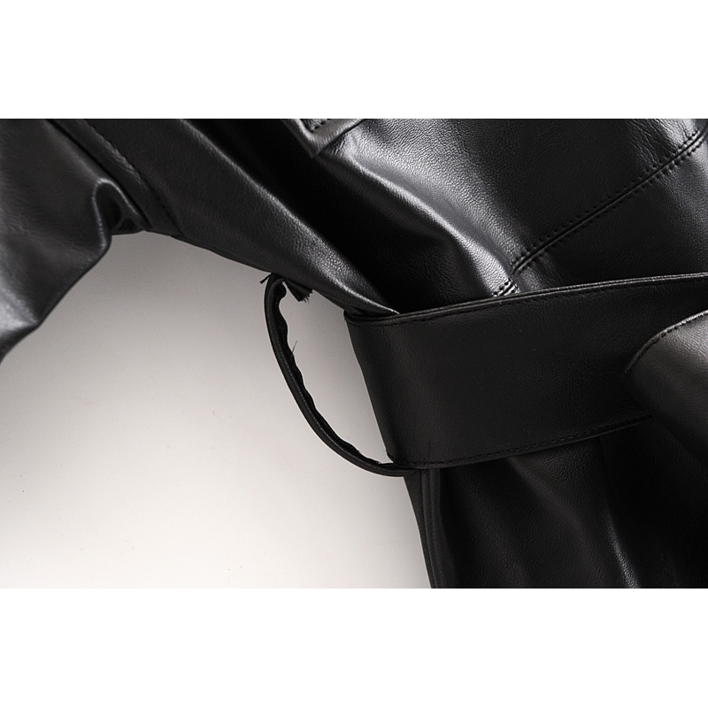 winter belt Faux Leather Jacket women long coat sleeve Motorcycle Coat ladies black leather spring 210521