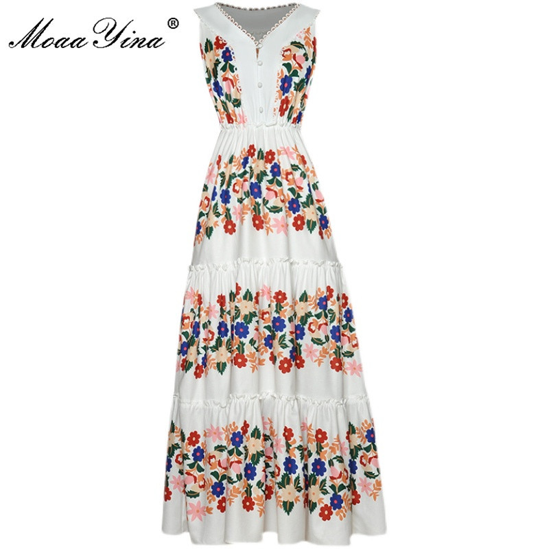 Summer Floral Elegant White Dress Women's V-Neck sleeveless High waist Printed Vacation Midi Vestidos 210524