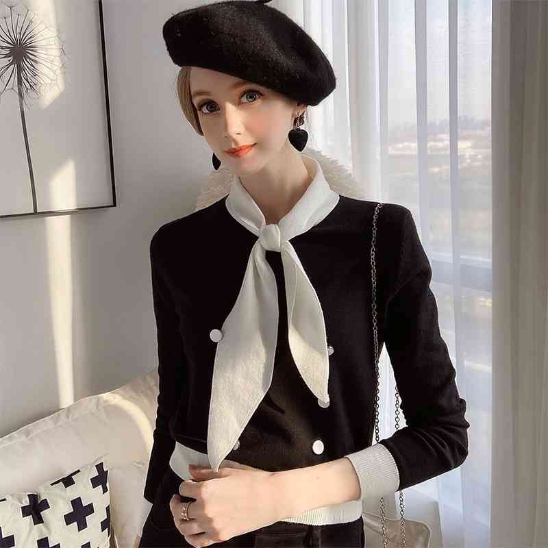 Dabuwawa Knitted Bow Neck Sweater Autumn Winter Long Sleeve Female Sweater Ladies Button Front Pullover Jumpers DT1DKT032 210520