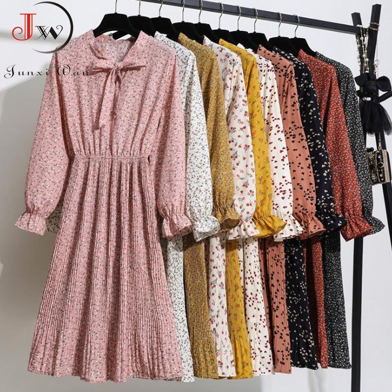 Women Casual Autumn Winter Dress Long Sleeve Bow Collar Lady Korean Style Vintage Floral Printed Chiffon Shirt Long Dresses 210409