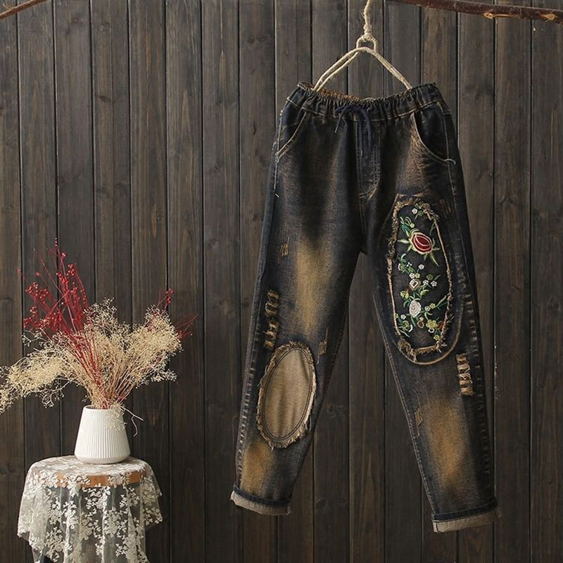 Spring Autumn Women Jeans Plus Size Elastic Waist Loose Denim Harem Pants Embroidery Vintage Ripped good quality D106 210512