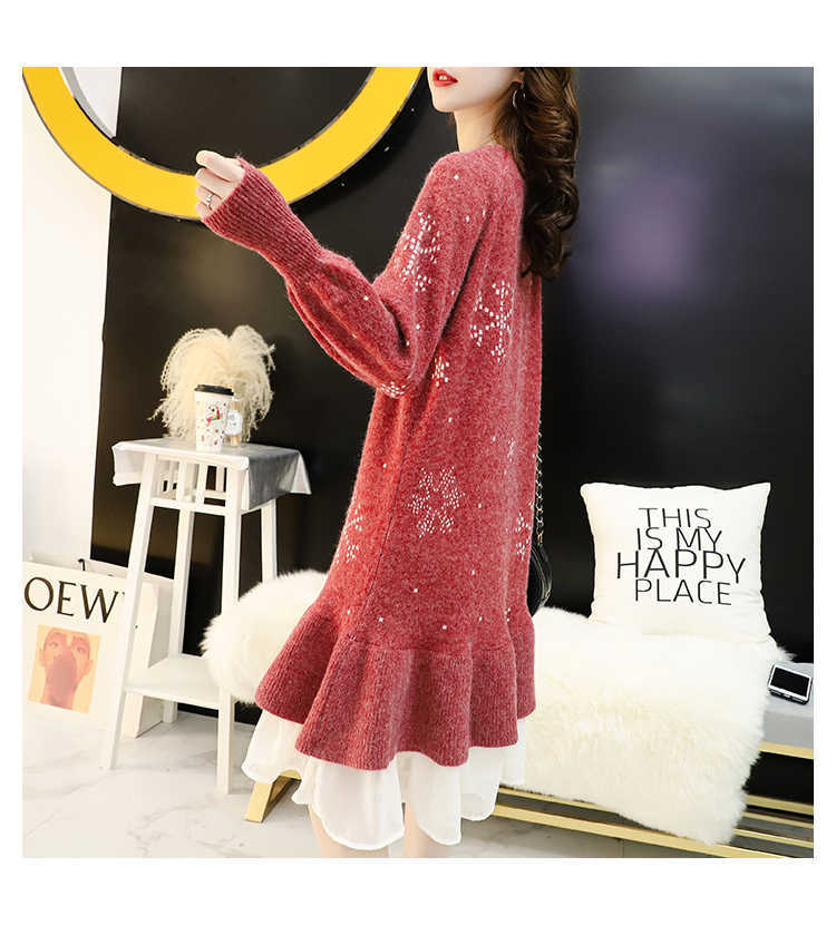 H.SA Women Long Sweater Dress Patchwork Ruffles Knit Sweaters Pullover Long Knit Jumpers Snowflake Knit Sweater Loose 210716